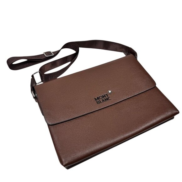 MONTBLANC Messenger Bag Brown Leather Medium Flap Top Logo Man’s Designer